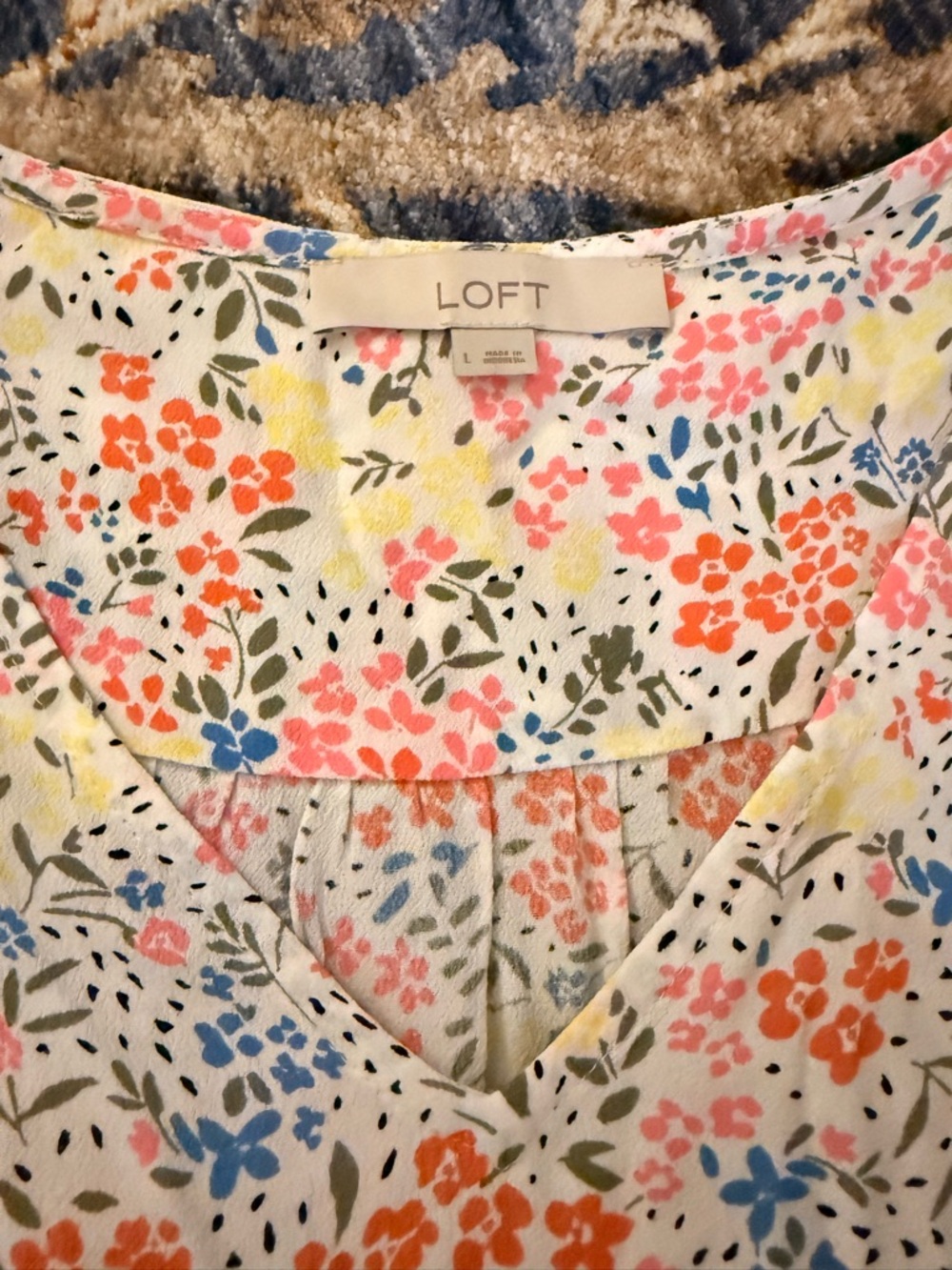 LOFT White Floral V-Neck Top with Coral, Pink & Blue Accents - Picture 1 of 2